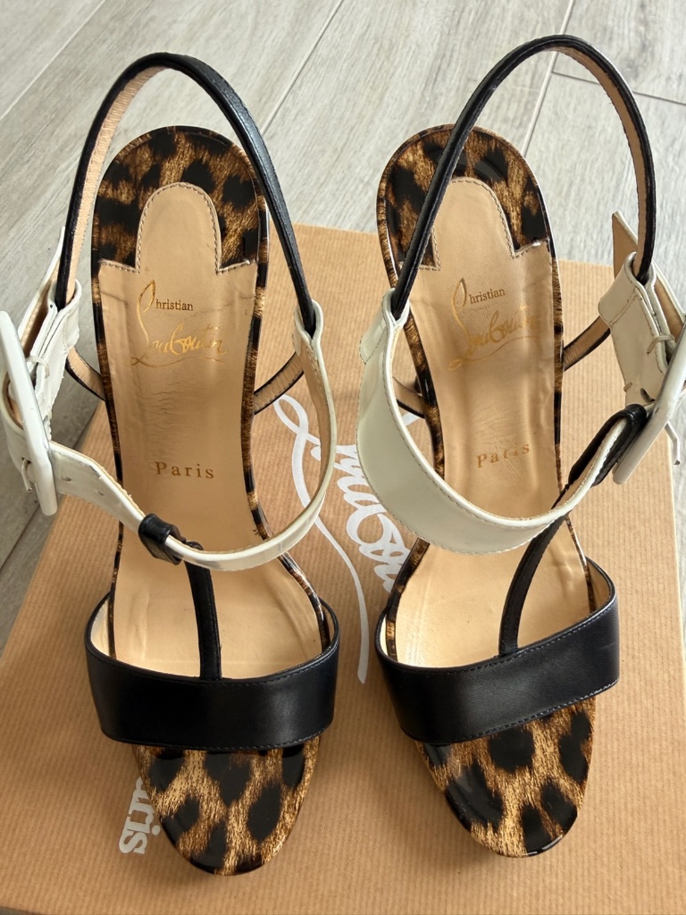 Christian Louboutin Leopard Print Stiletto Sandals with Black and Cream Straps - Picture 5 of 13